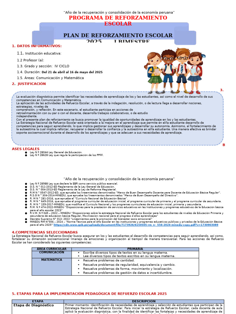 Plan de Refuerzo Escolar 2025 Perú | PDF | Aprendizaje | Evaluación