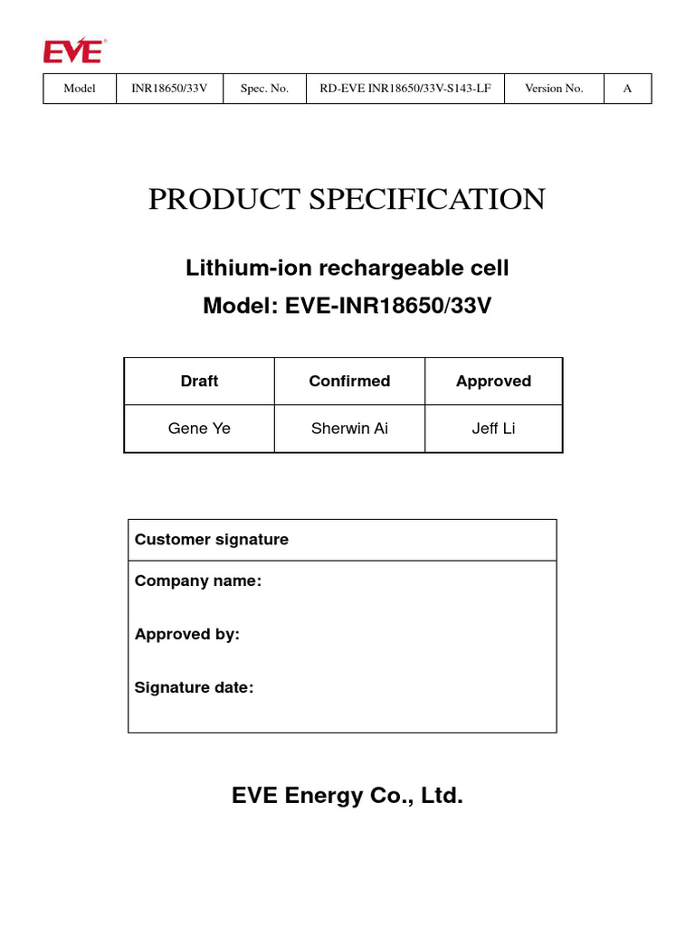 EVE INR18650/33V Battery Specification | PDF | Lithium Ion Battery ...