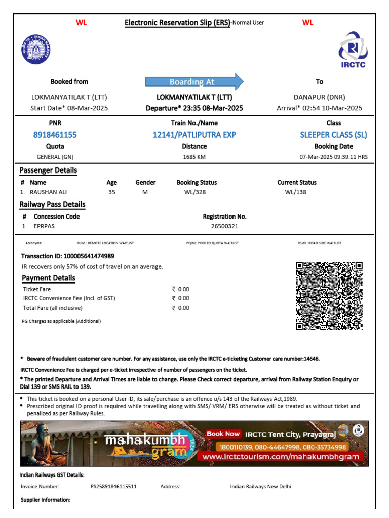 IRCTC Train Ticket Booking Details | PDF | Identity Document | Payments