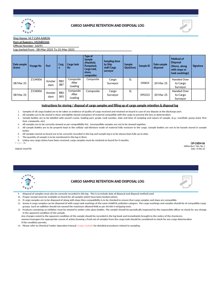 OP - CHEM - 06 Cargo Sample Log Z134006 | PDF