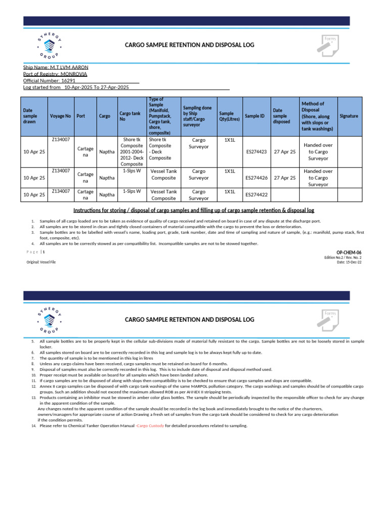 OP - CHEM - 06 Cargo Sample Log Z134007 | PDF | Water Transport ...