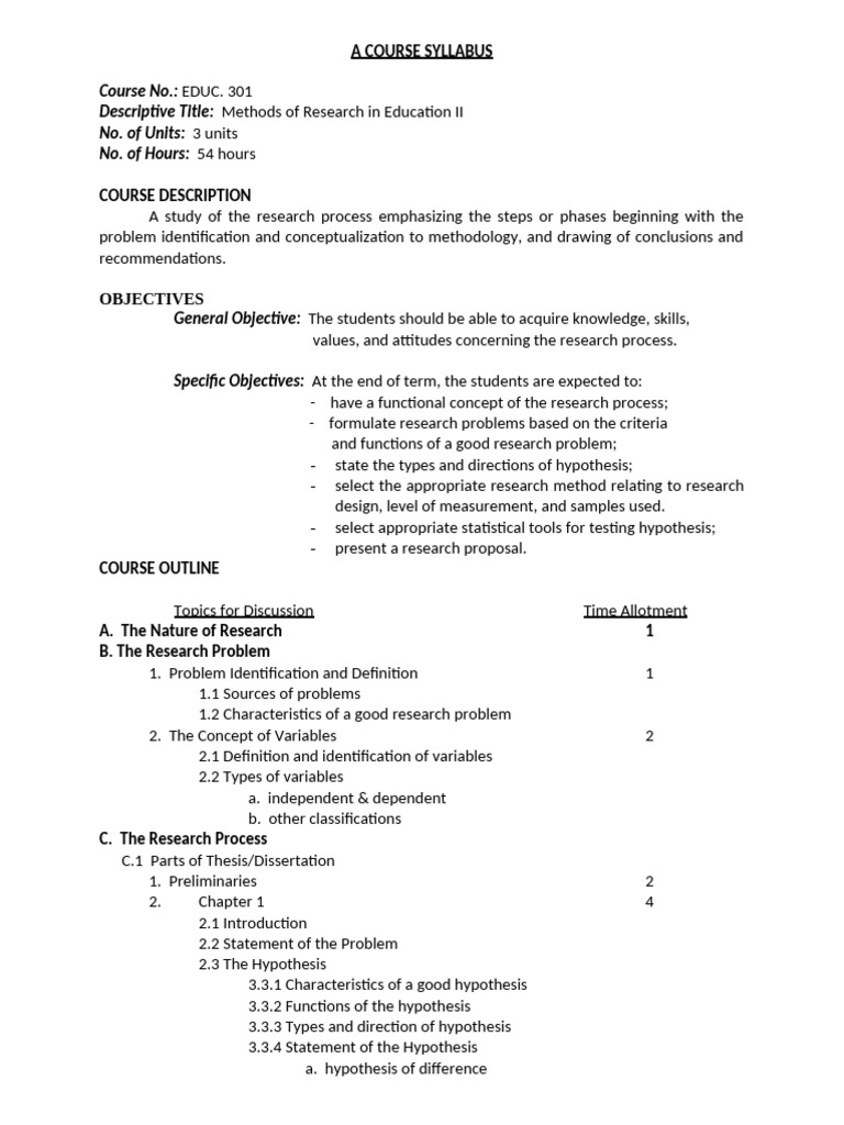 Research Methods in Education II Syllabus | PDF | Hypothesis | Methodology