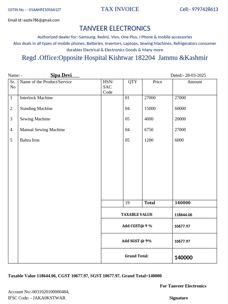 Bill Format Tanveer Electronics | PDF