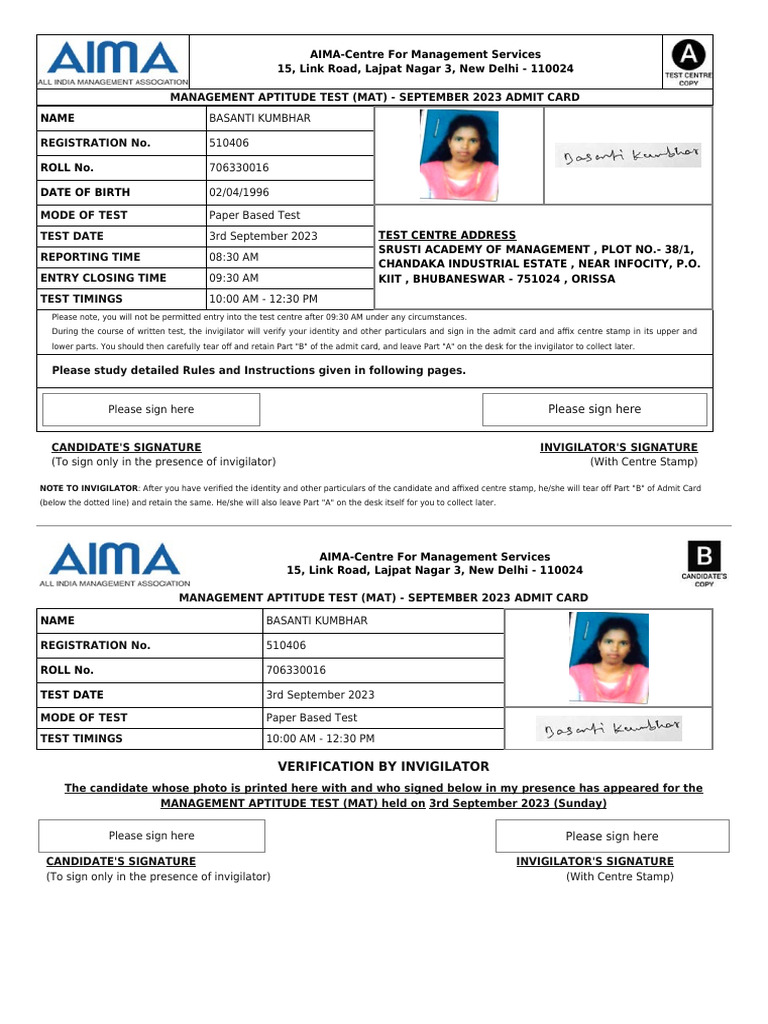 MAT September 2023 Admit Card | PDF | Identity Document