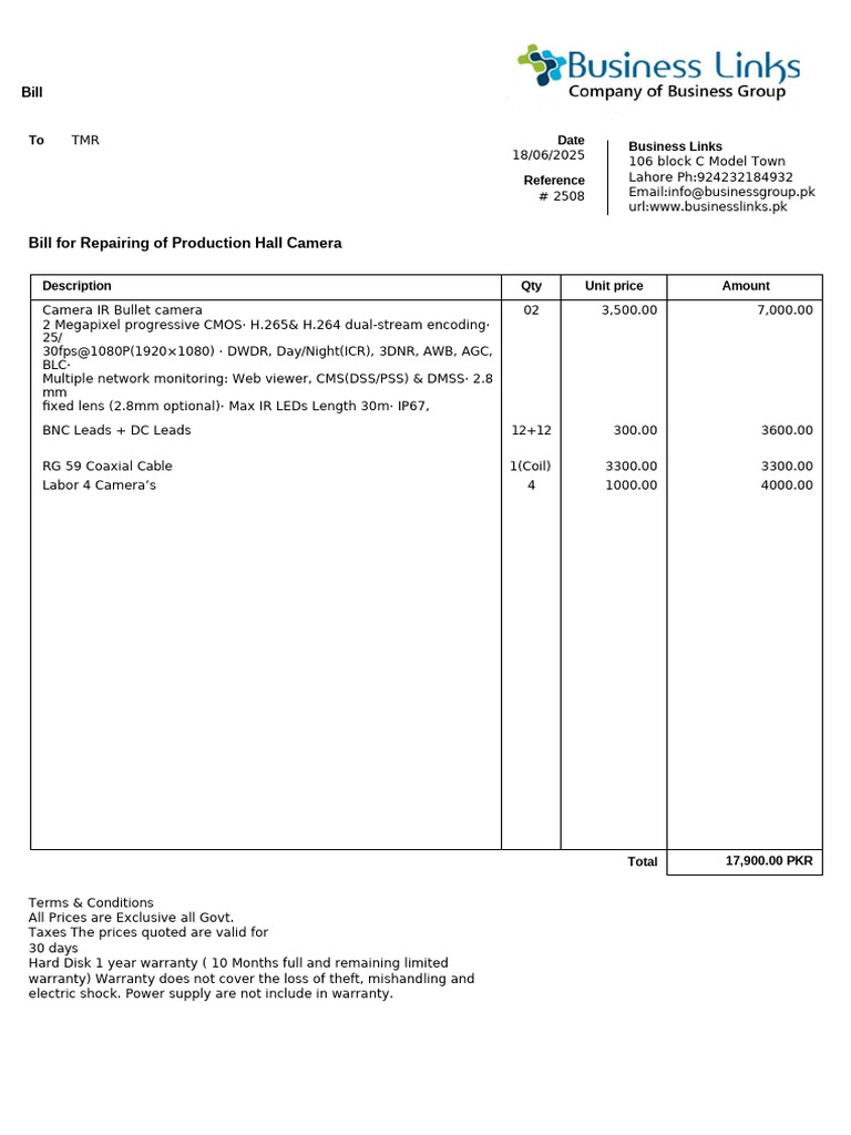 Repair Bill for Production Hall Cameras | PDF