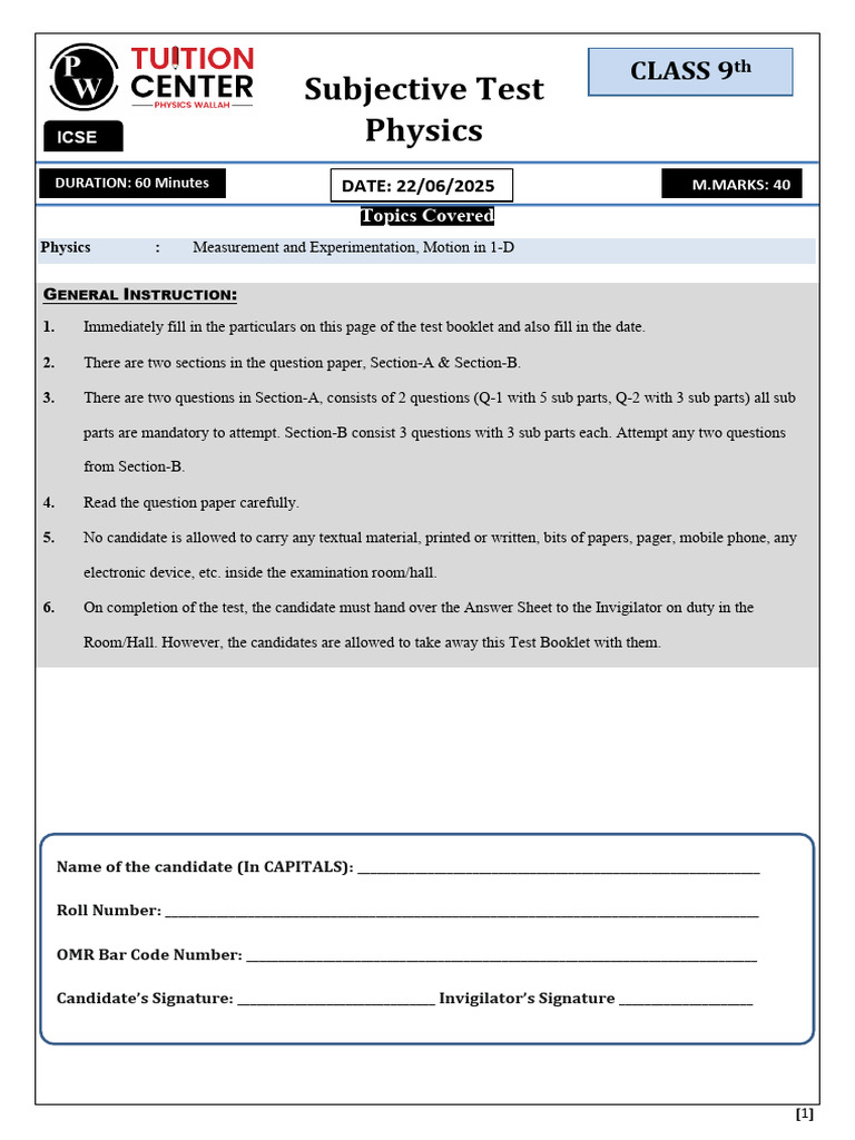 ICSE Class 9 Physics Test Paper | PDF | Speed | Velocity