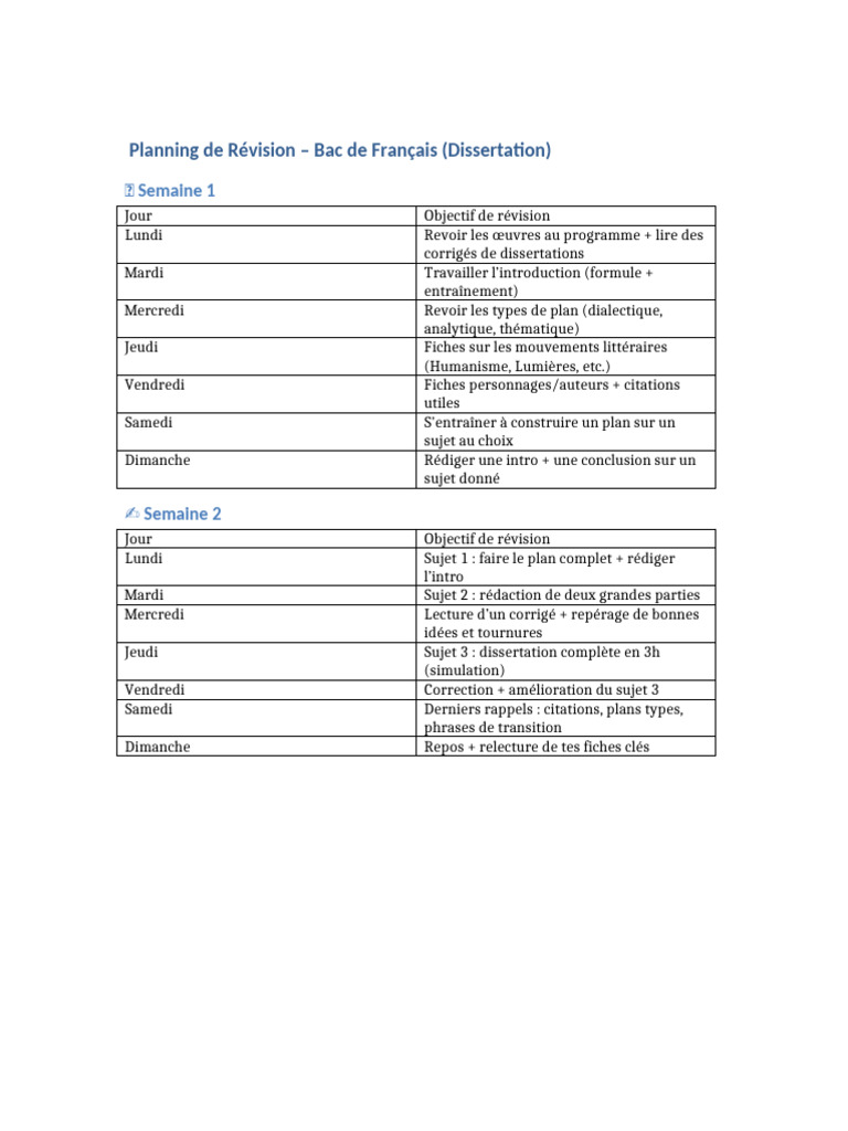 Planning de Révision Bac Français | PDF