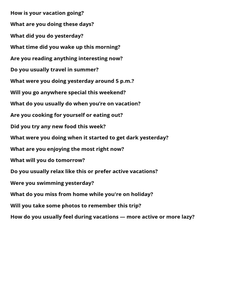 Vacation Check-In Questions | PDF | Foods | Cuisine