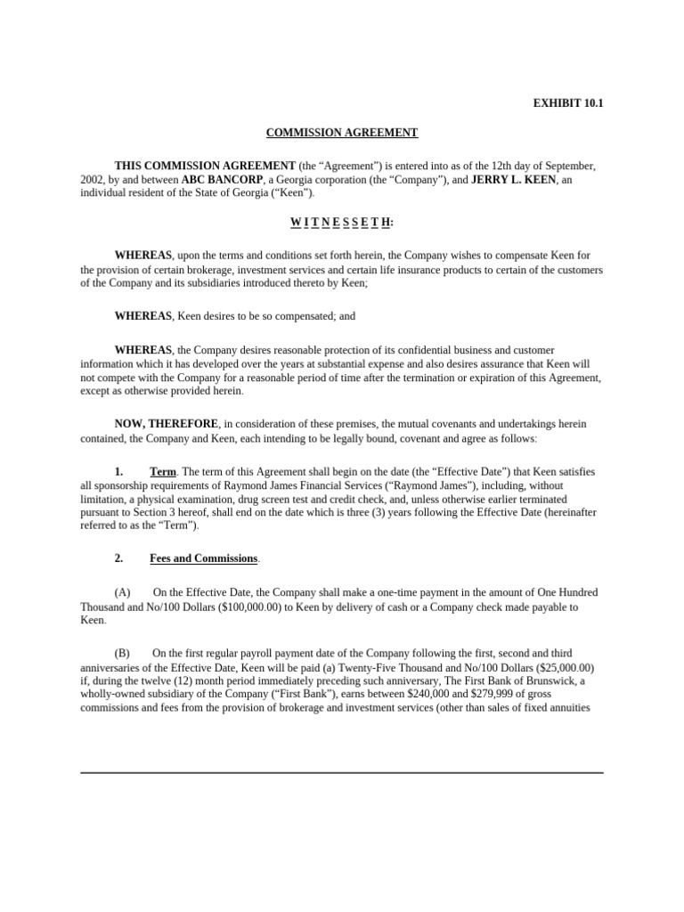 Commission Agreement Between ABC Bancorp and Jerry Keen | PDF | Legal ...