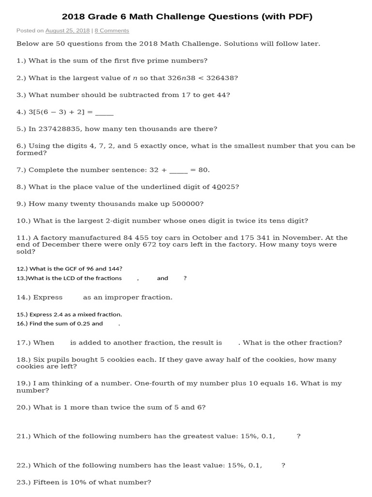 2018 Grade 6 Math Challenge Questions | PDF | Number Theory | Mathematics