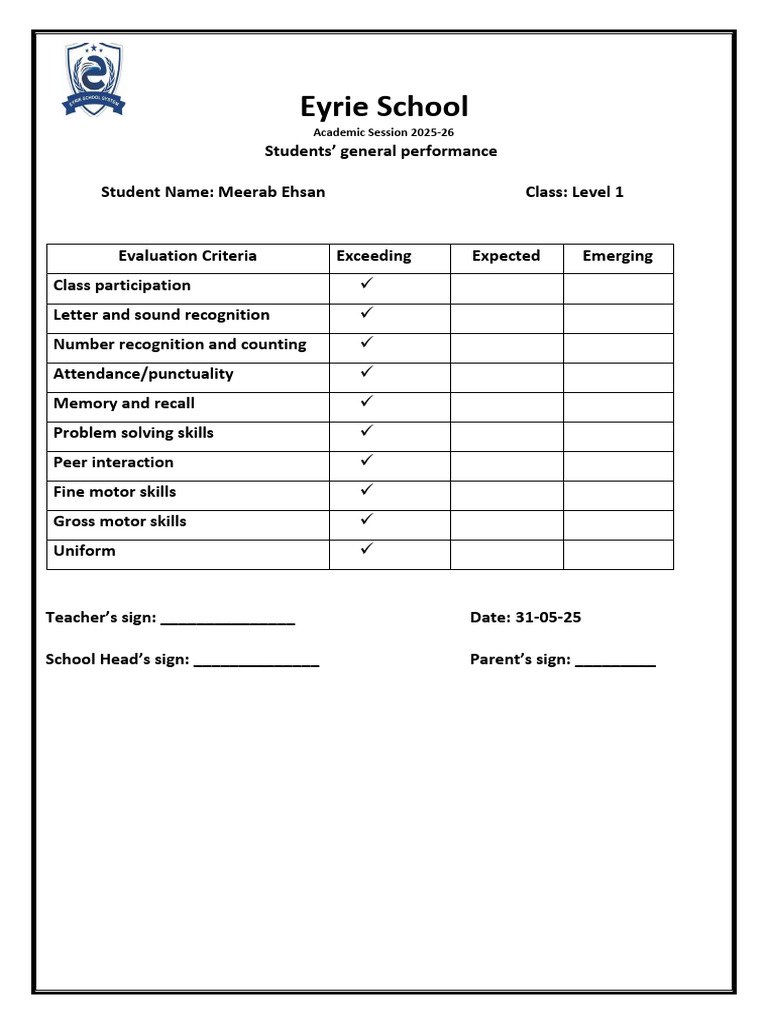 Eyrie School Level 1 Performance Report | PDF | Learning ...