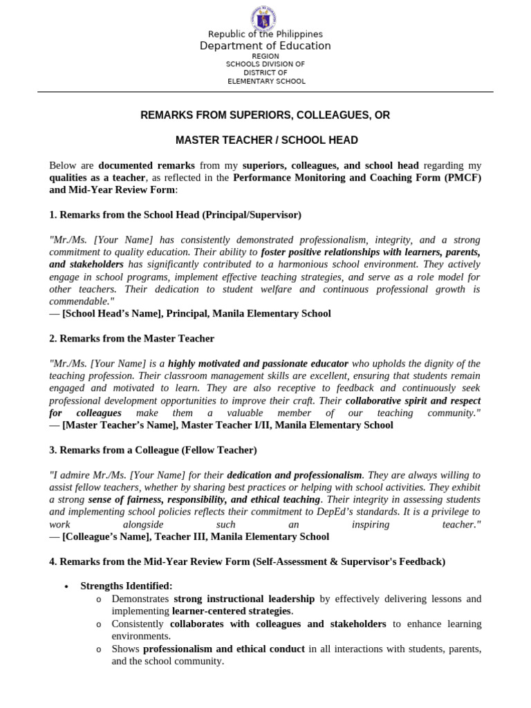 Teacher Performance Remarks Summary | PDF | Teachers | Mentorship