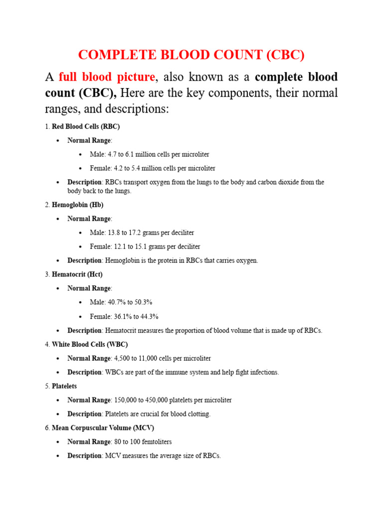 Normal RBC Range in Complete Blood Count | PDF | Anemia | White Blood Cell