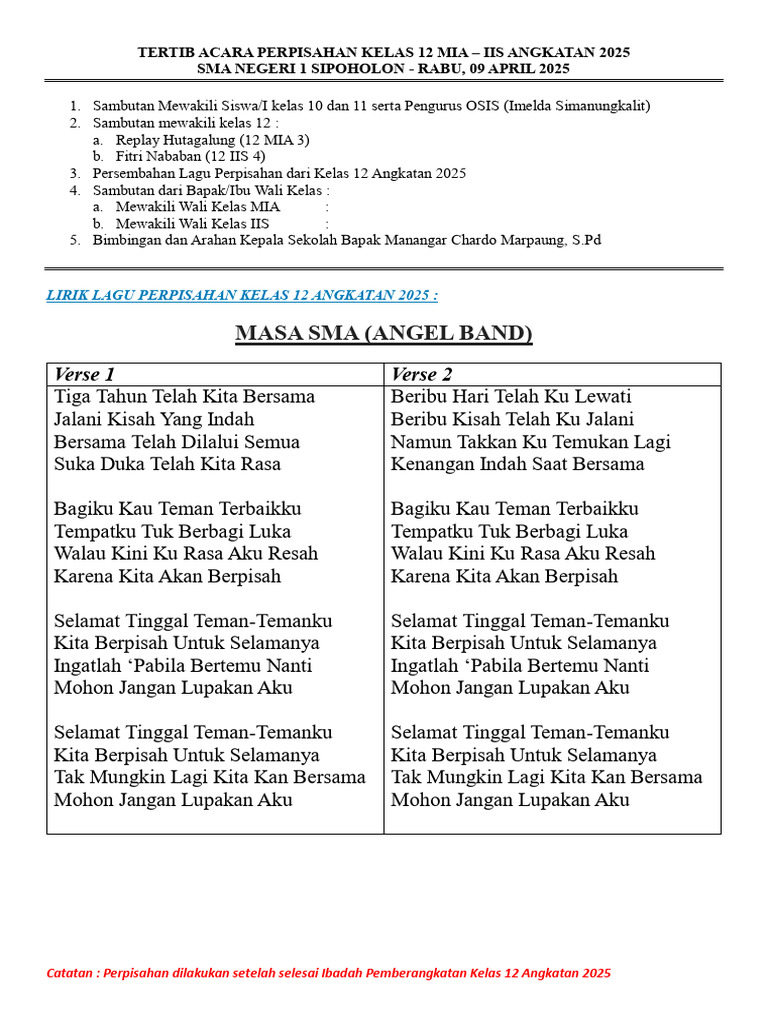 Tertib Acara Perpisahan Kelas 12 Angkatan 2025 Sma Negeri 1 Sipoholon Pdf