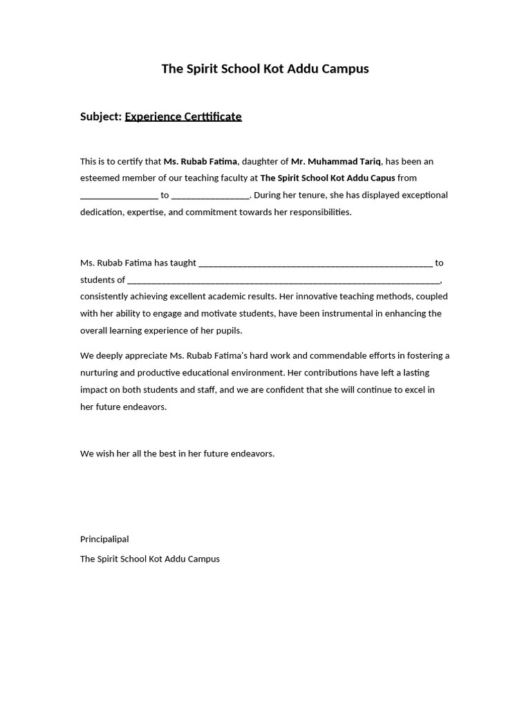 Experience Certificate for Ms. Rubab Fatima | PDF