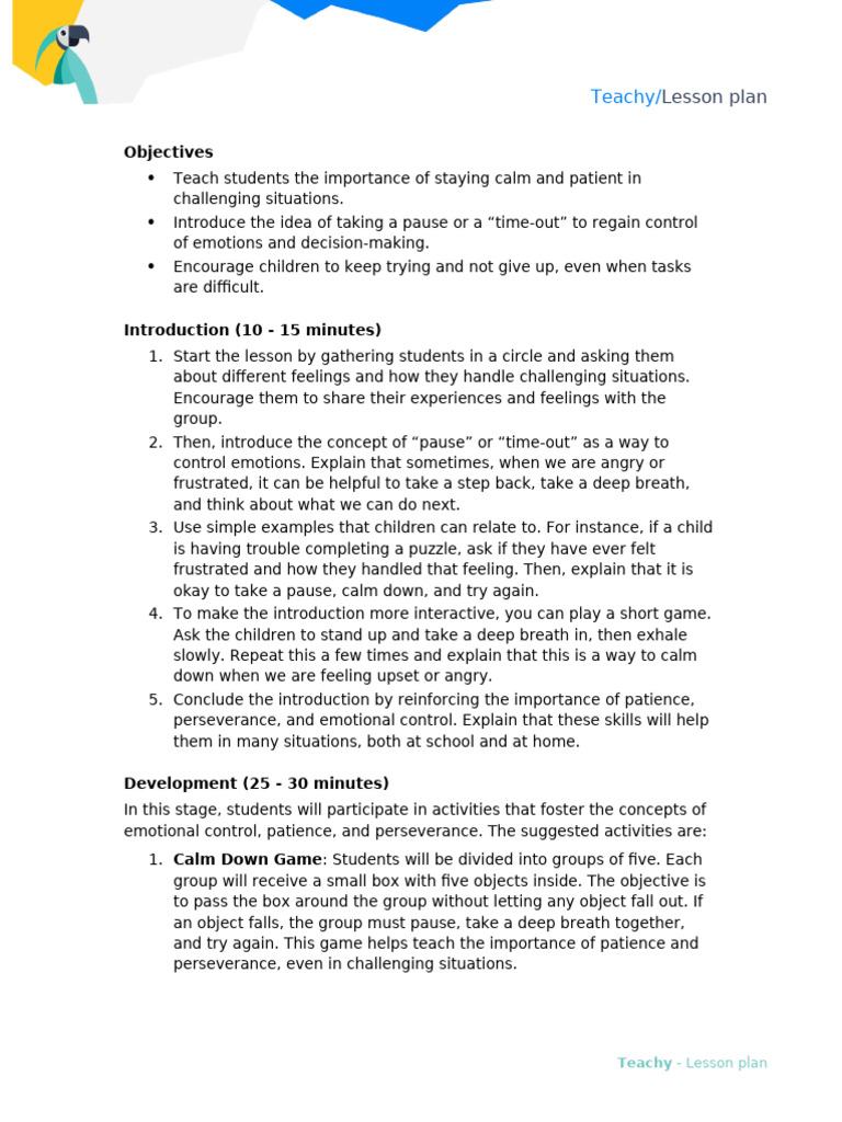 Teaching Emotional Control Patience and Perseverance in Children | PDF ...