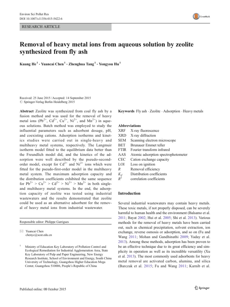 Zeolite from Fly Ash for Heavy Metal Removal | PDF | Adsorption | Zeolite