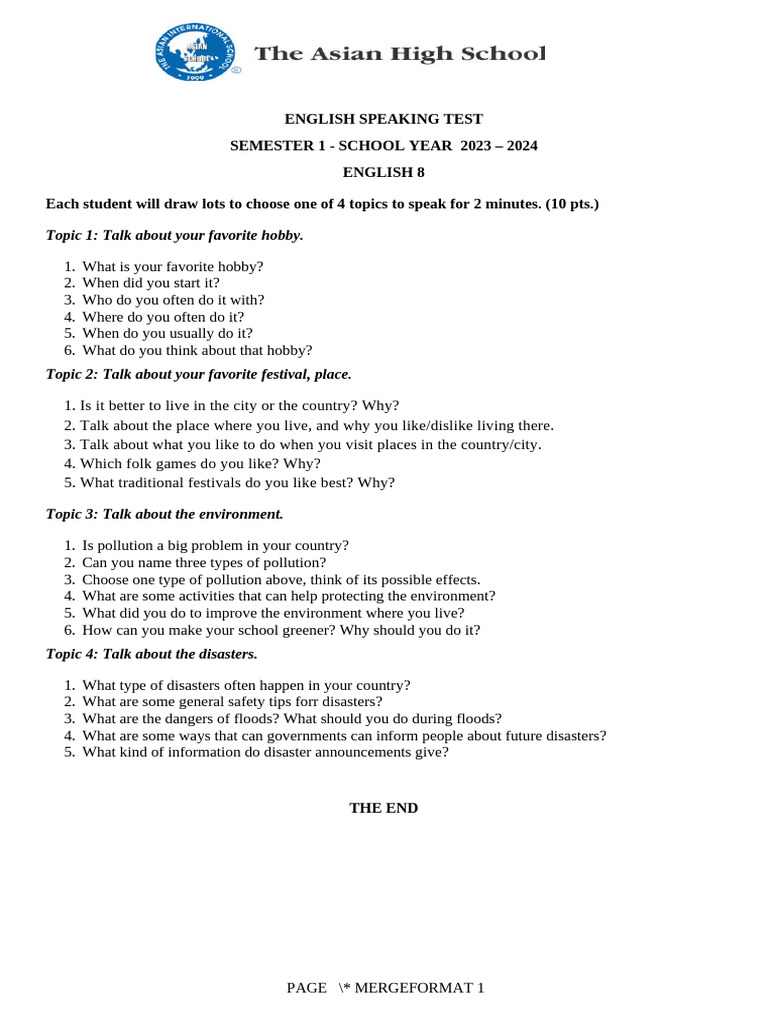 English Speaking Test Topics for 8th Grade | PDF