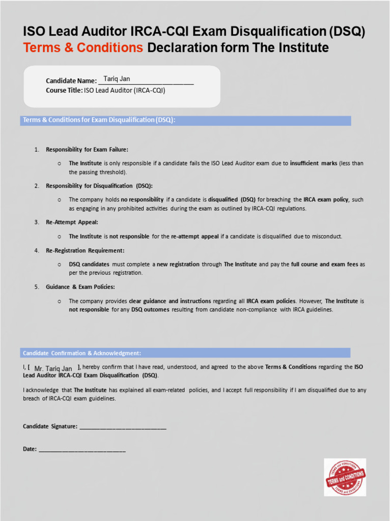 ISO Lead Auditor Exam Disqualification Terms | PDF