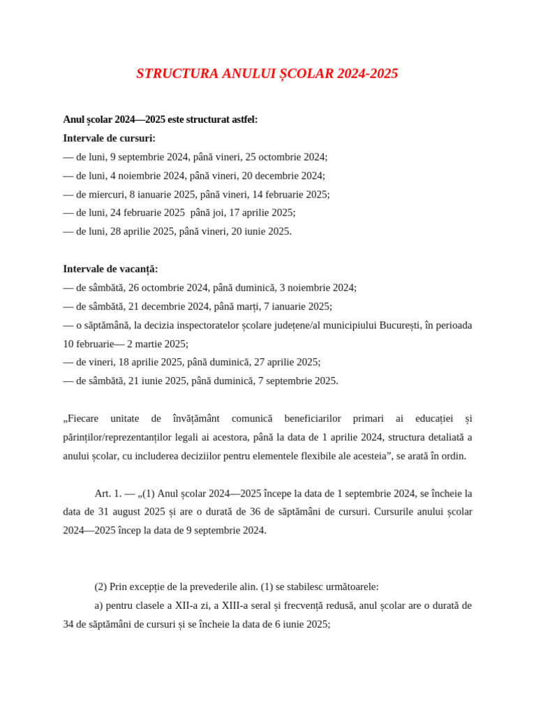 2 Structura Anului Scolar 2024-2025 | PDF