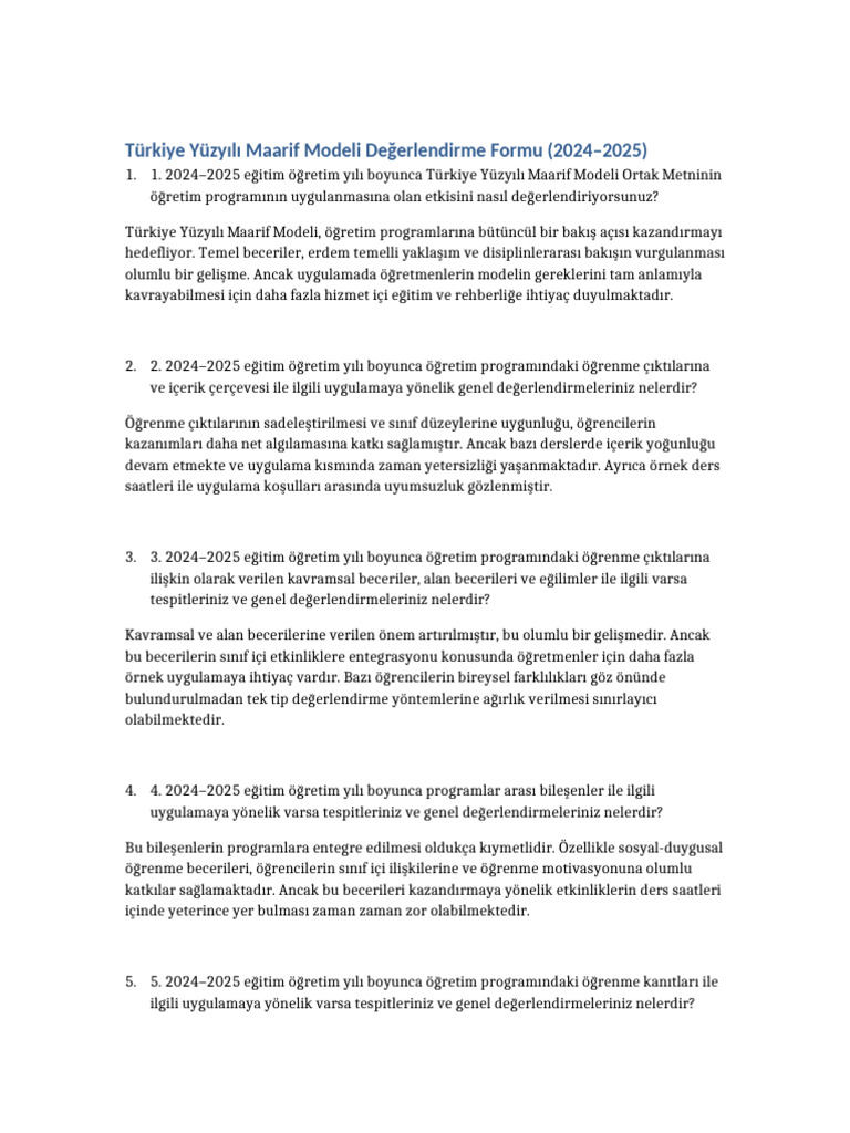 Turkiye Yuzyili Maarif Modeli Degerlendirme | PDF