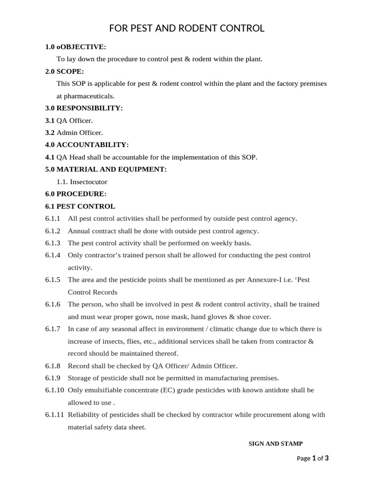 Pest and Rodent Control SOP | PDF | Pest Control | Pesticide
