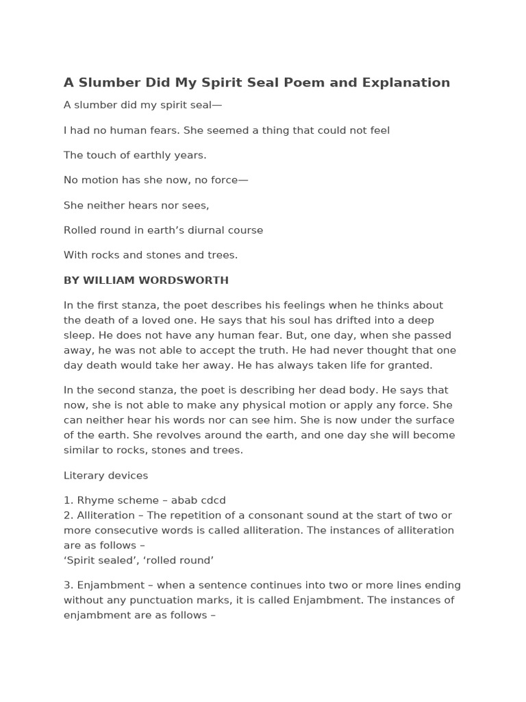 A Slumber Did My Spirit Seal Poem and Explanation | PDF