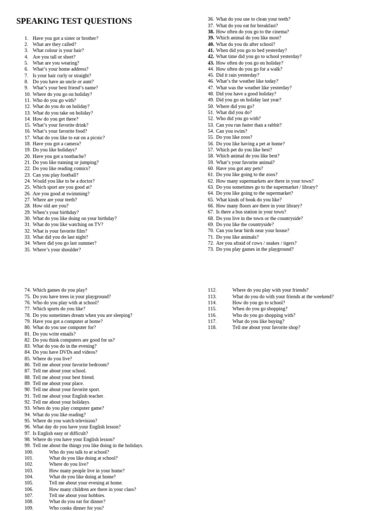 Movers Speaking Test Questions | PDF