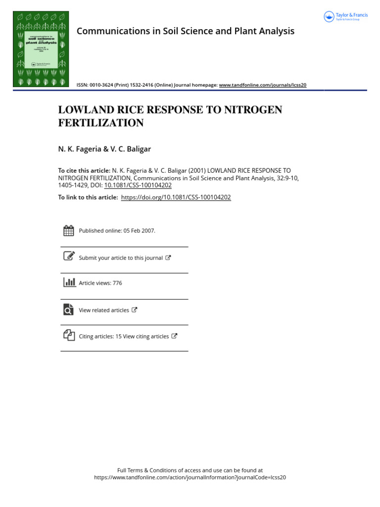 Lowland Rice Response To Nitrogen Fertilization | PDF | Rice | Soil