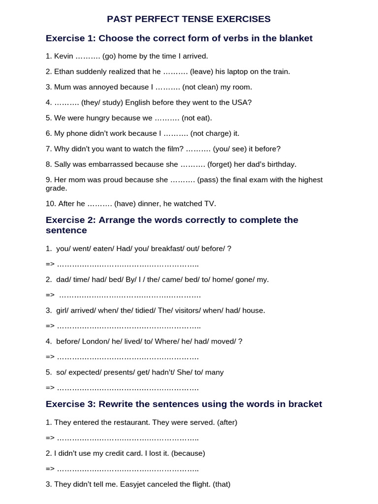 Past Perfect Tense Exercises Guide | PDF
