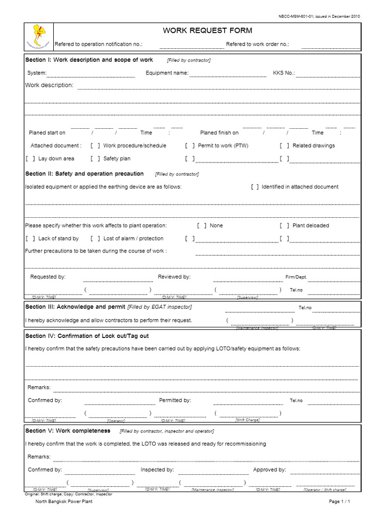 Work Request Form for Safety Compliance | PDF | Safety