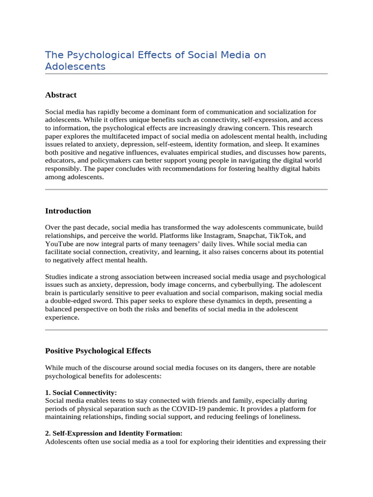 The Psychological Effects of Social Media On Adolescents | PDF ...