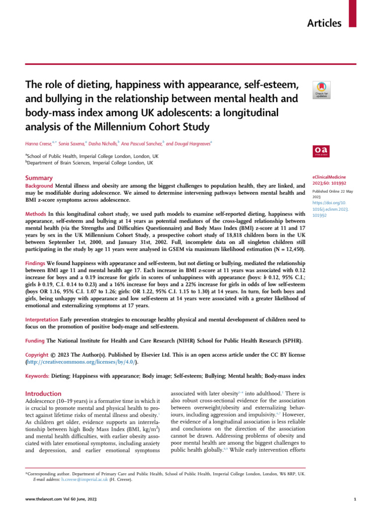 Mental Health, BMI, and Adolescents' Well-being | PDF | Obesity | Self ...