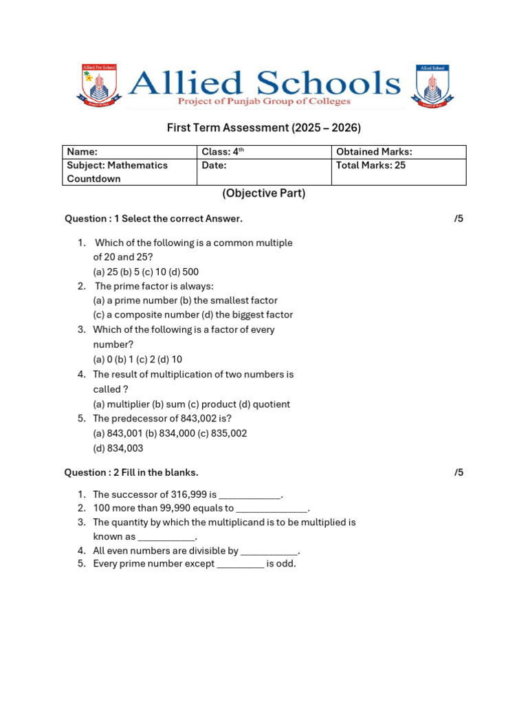 Class 4th Countdown Maths Paper | PDF