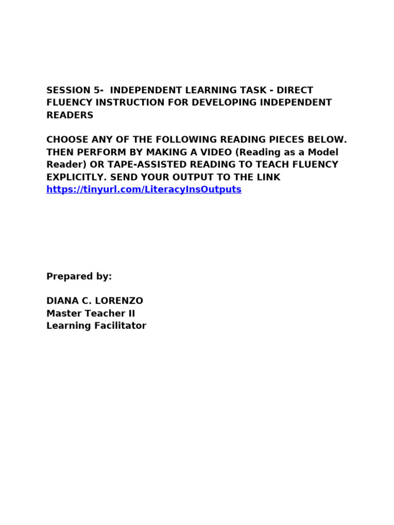 Session 5 Independent Learning Task Direct Fluency Instruction For ...