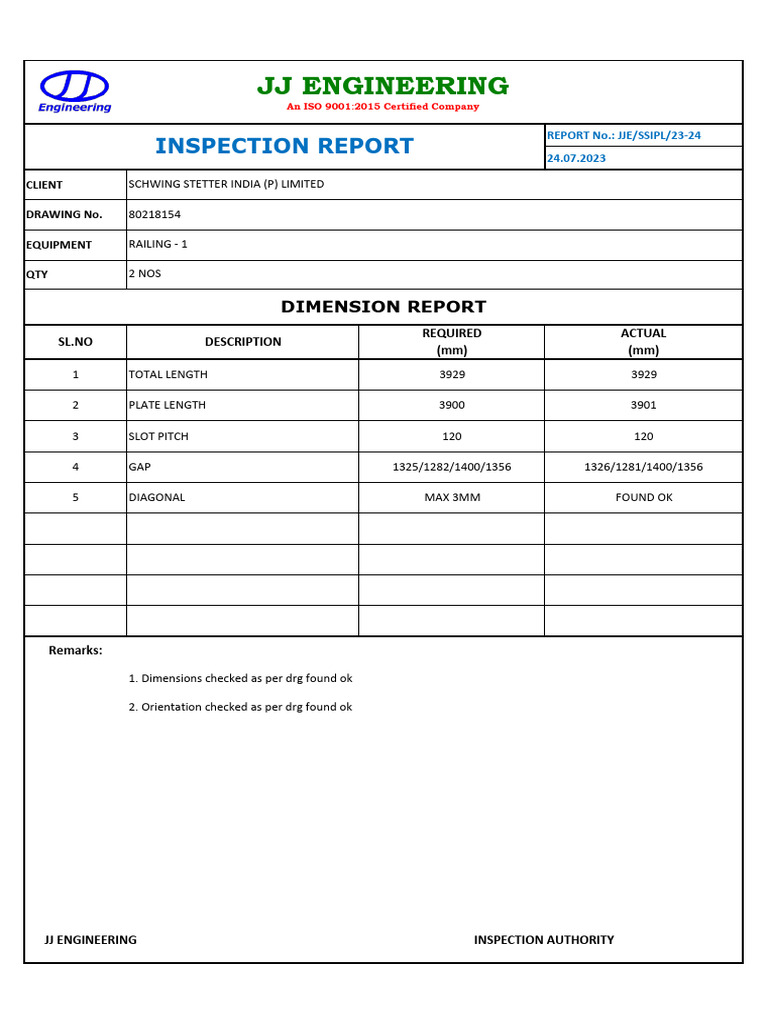 Dimension Inspection Report for Equipment | PDF