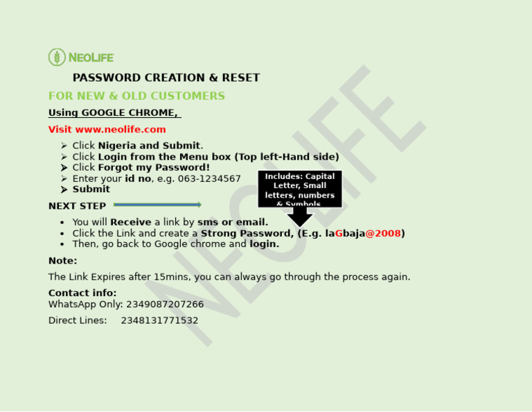 Neolife Password Creation & Reset Guide | PDF