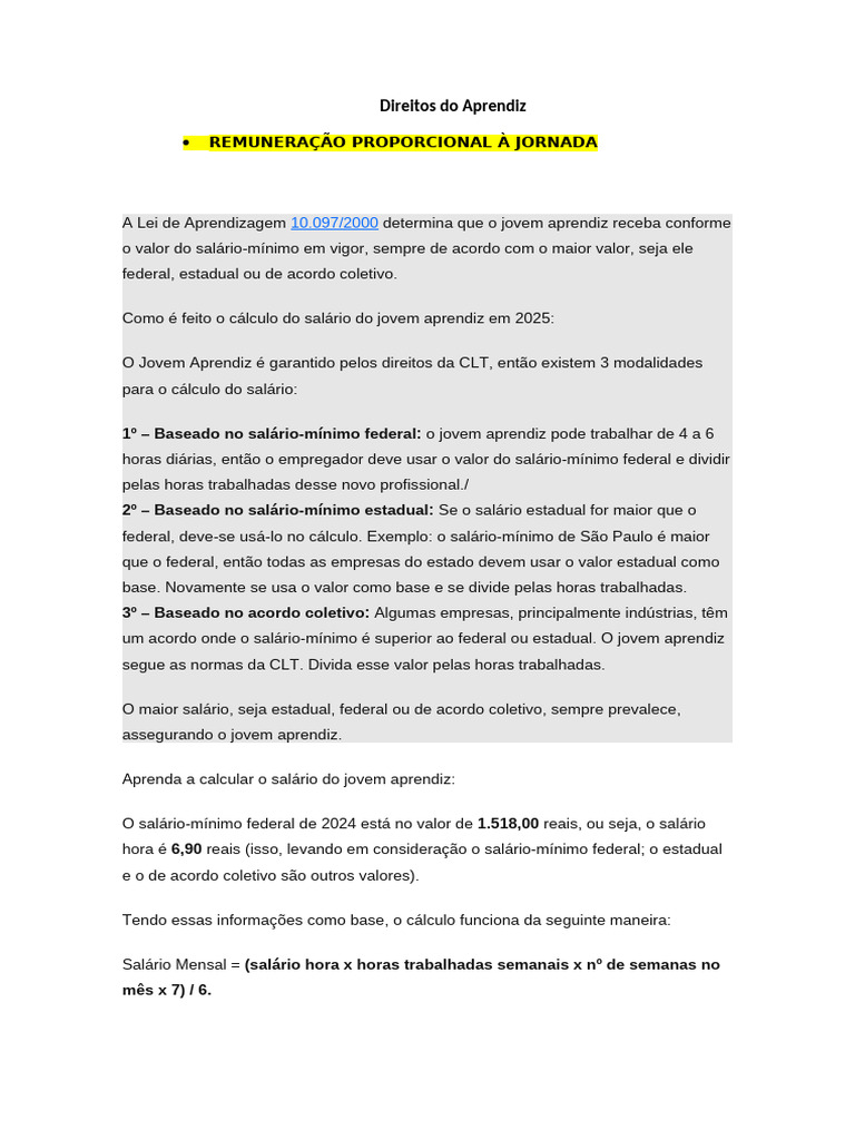 Direitos e Remuneração do Jovem Aprendiz | PDF | Férias trabalhistas ...