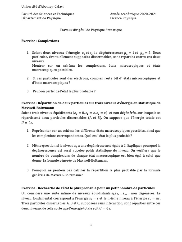 Exercices de Physique Statistique et Complexions | PDF | Mécanique ...
