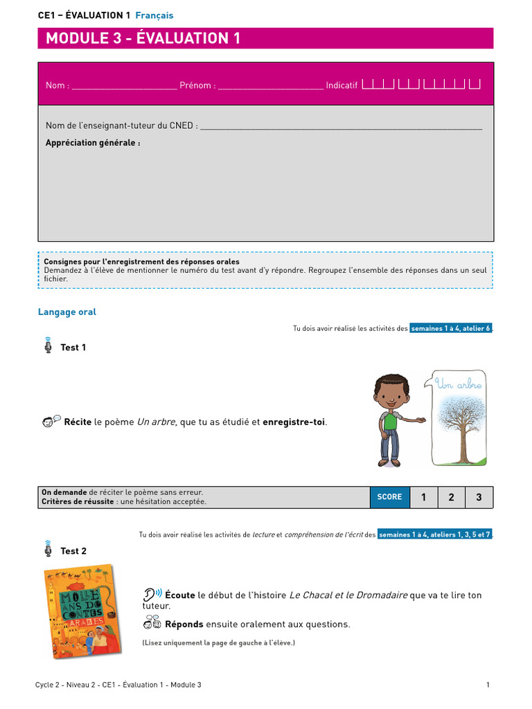 Évaluation CE1 Français - Module 3 | PDF | Lexique | Écriture bicamérale