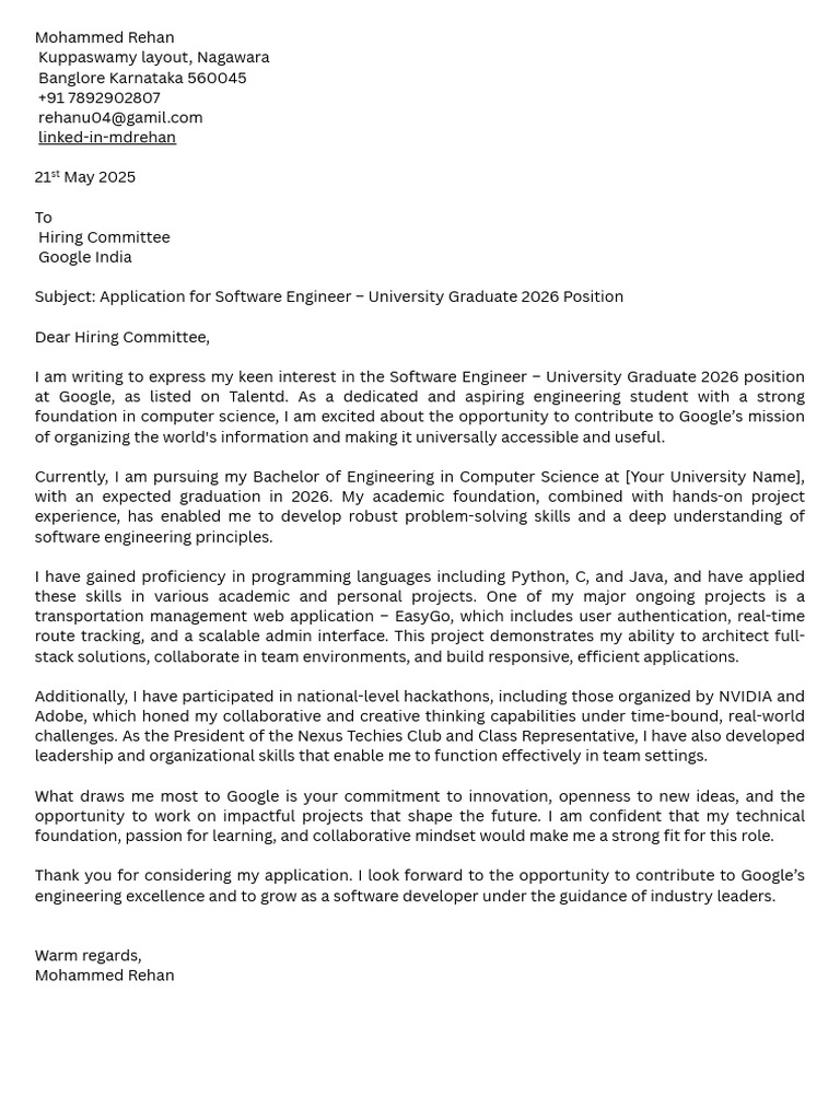 Application for Google Software Engineer 2026 | PDF