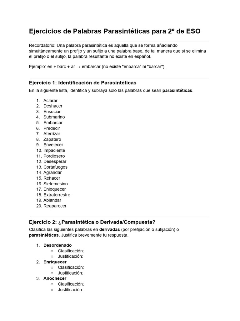 Ejercicios de Palabras Parasintéticas | PDF