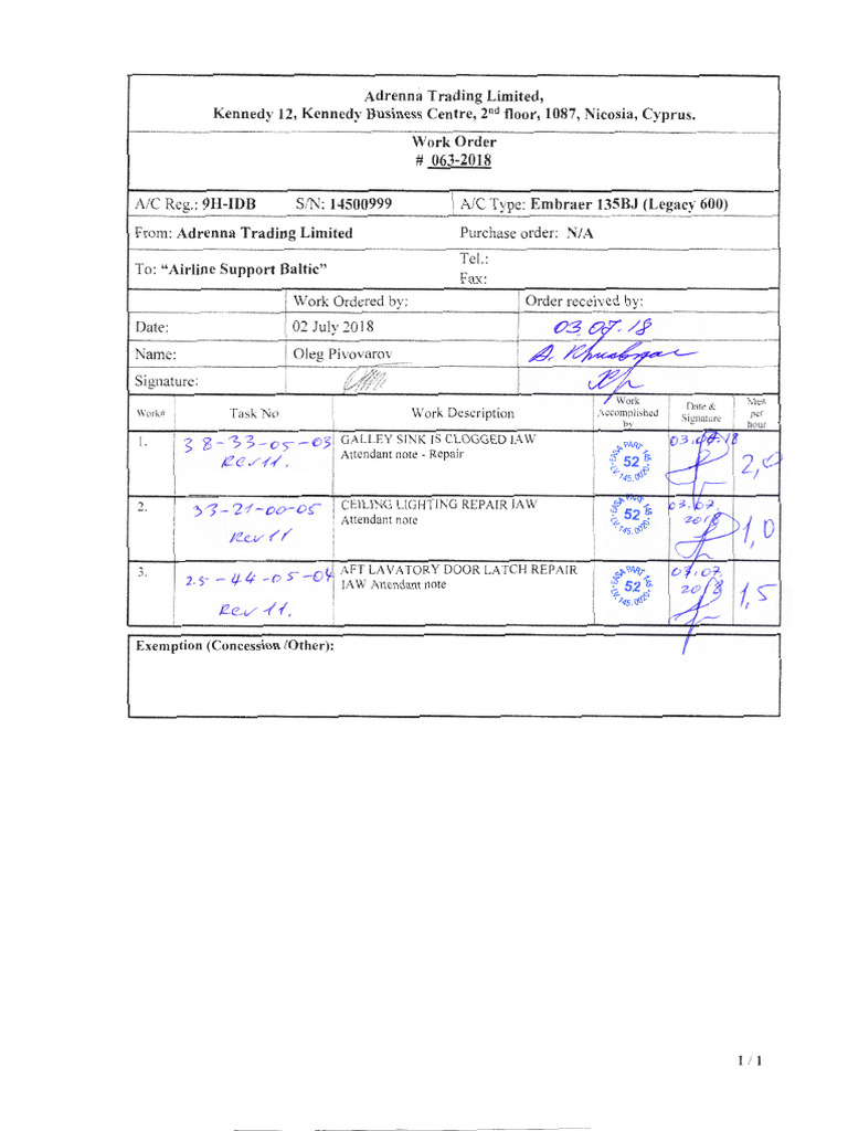 Aircraft Maintenance Work Order 063-2018 | PDF | Aerospace | Jet Aircraft
