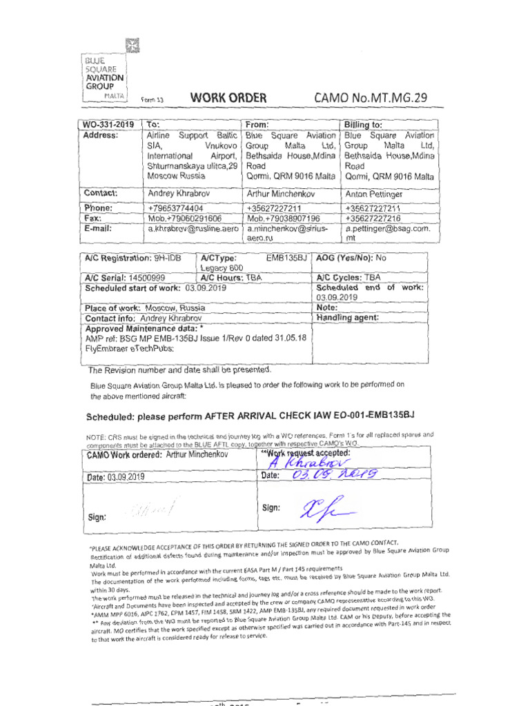 Work Order for EMB135BJ After Arrival Check | PDF | Aircraft | Aviation