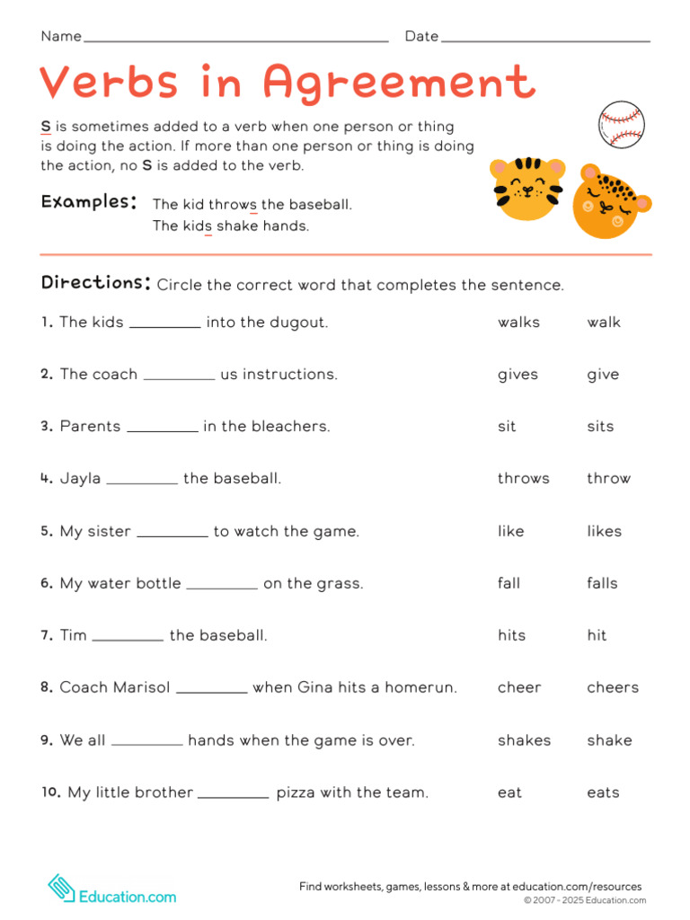 Verbs Agreement Worksheet for Kids | PDF