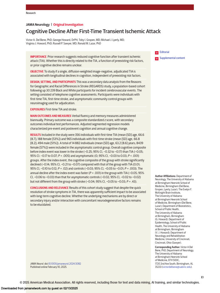 Cognitive Decline Post-Transient Ischemic Attack | PDF | Stroke | Human ...