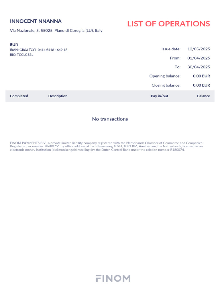 Merchant Statement for Finom Payments | PDF