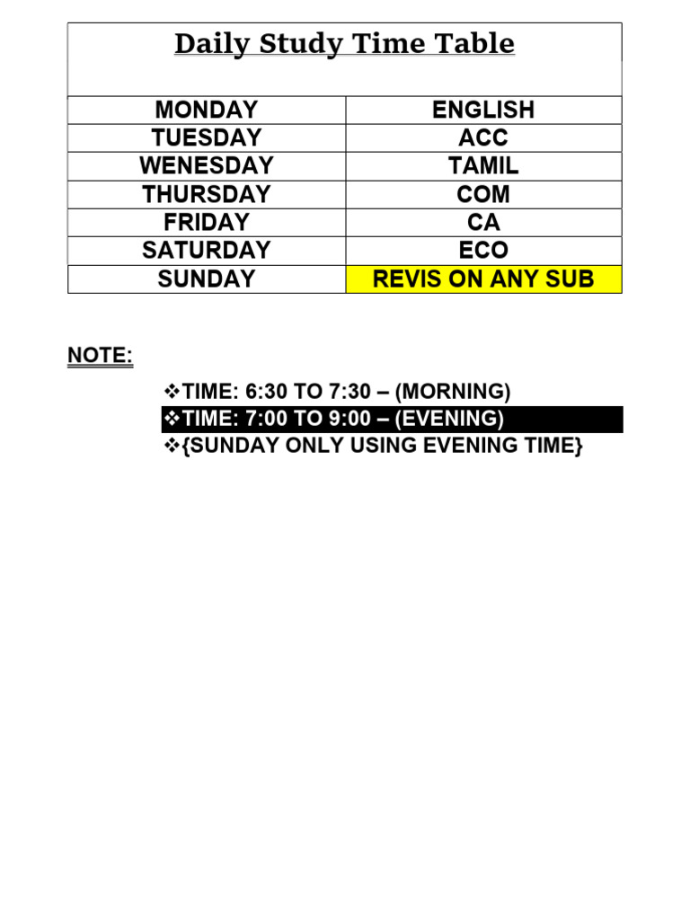 Daily Study Time Table Pdf