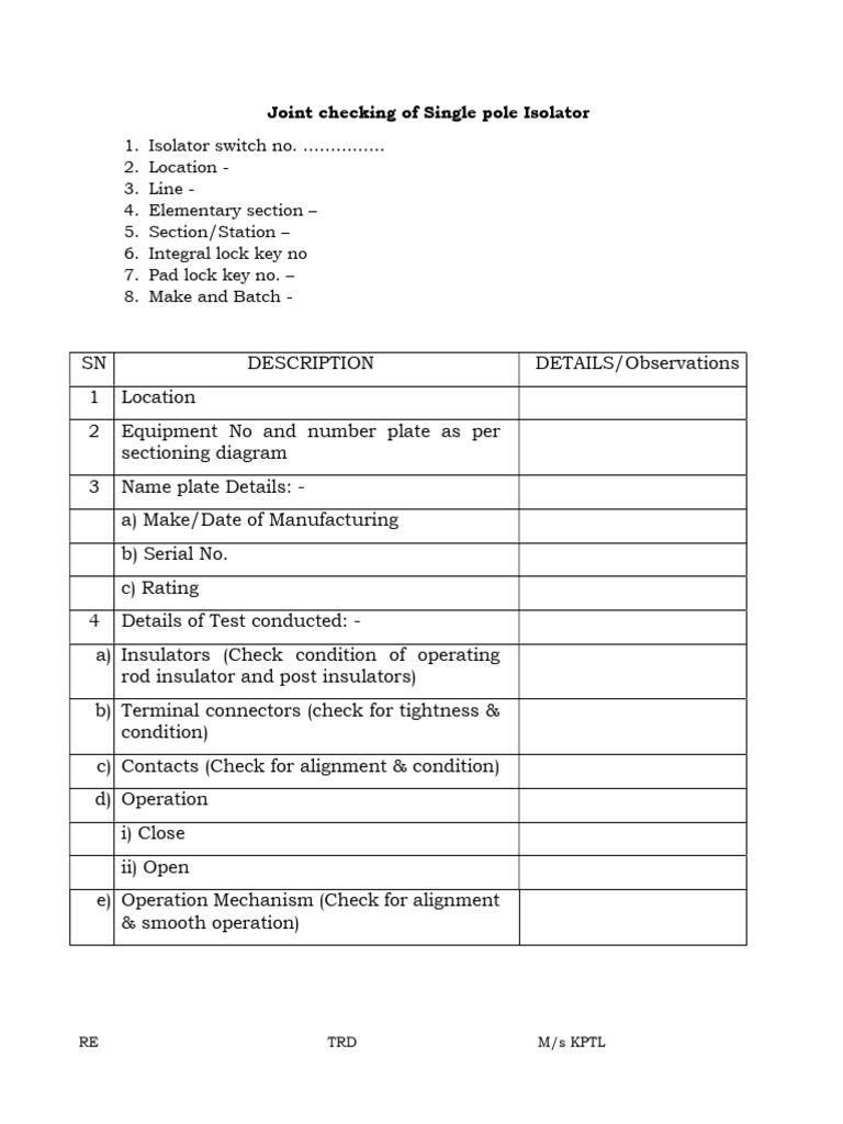 Isolator Format For Joint Checking-1 | PDF | Insulator (Electricity ...