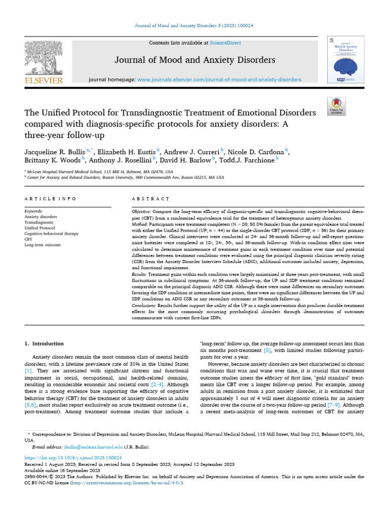UP For Transdiagn. Treatment of Emotional Disorders Compared With ...